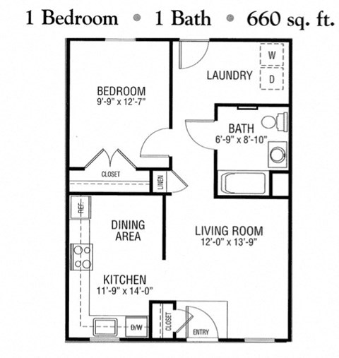 Floor plan for 1 bed, 1 bath, 660 sqft